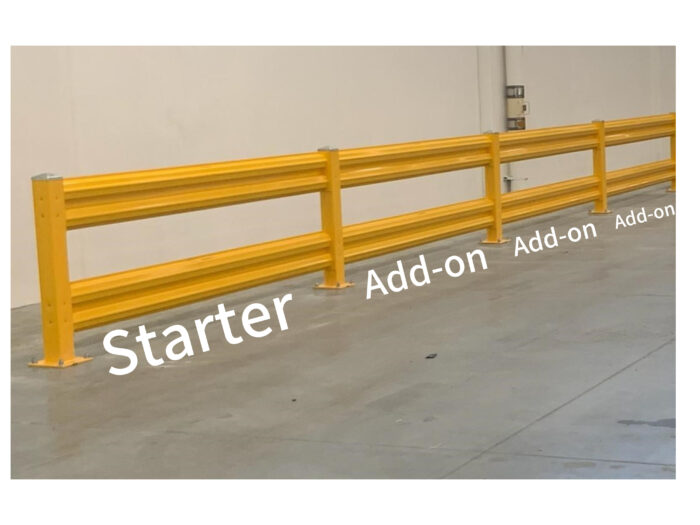 Starter and Add-on sections of industrial warehouse, yellow, saftey guardrail
