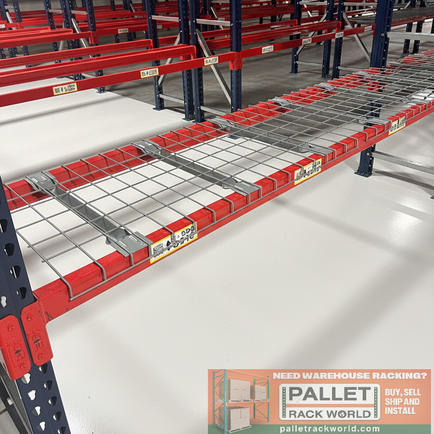 Pallet Racking with Flared Wire Mesh Decking for Step, Box or Structural beams. These decks are universal!