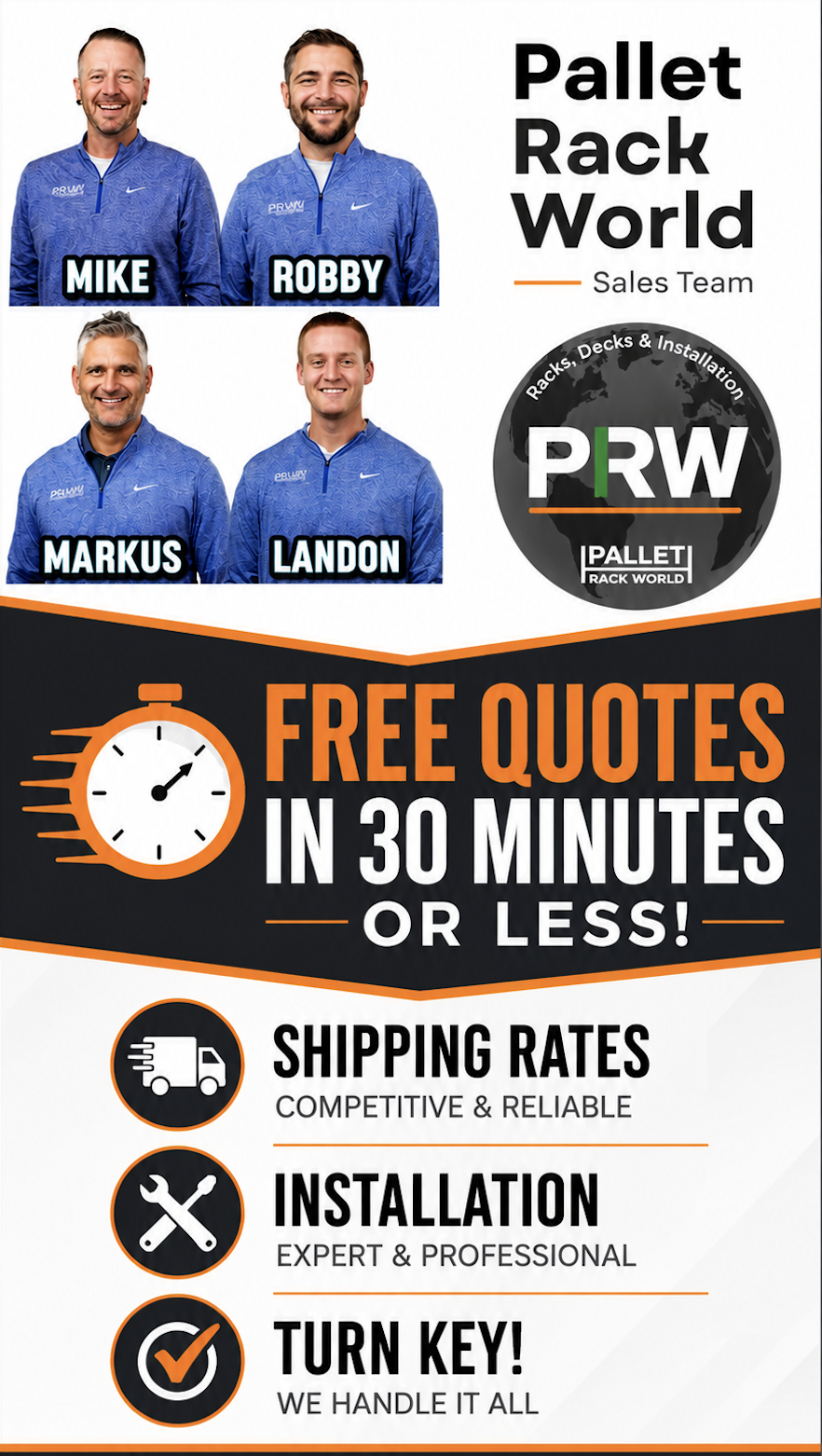 Free quote in 30 minutes or less on your pallet racking system. Delivery and installation.