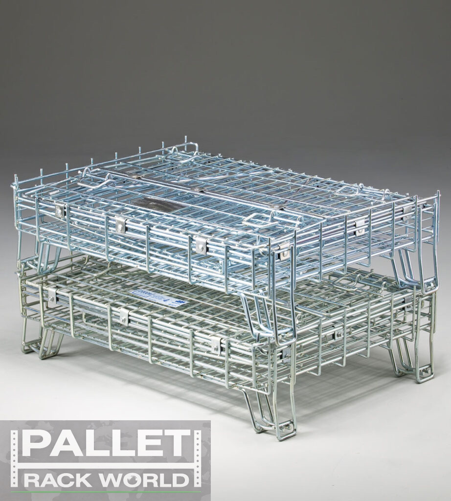 Collapsible wire storage container by Nashville Wire featuring fold-down sides, stackable design, and durable steel mesh construction for industrial storage applications.